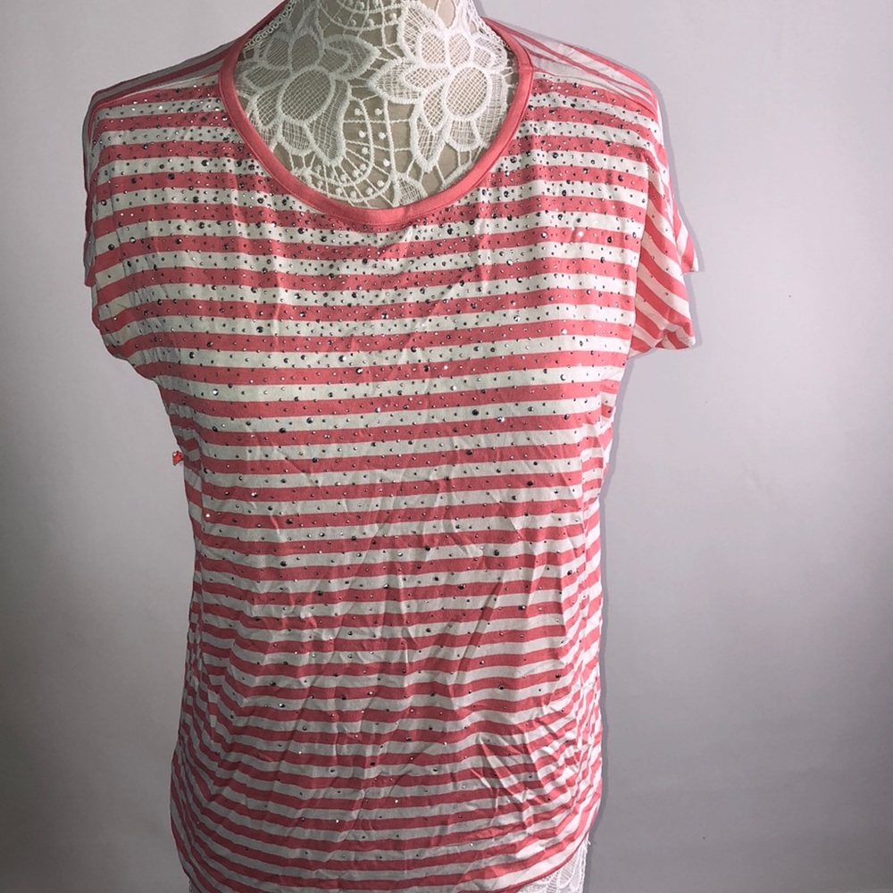 Super soft coral & white striped studded T-shirt